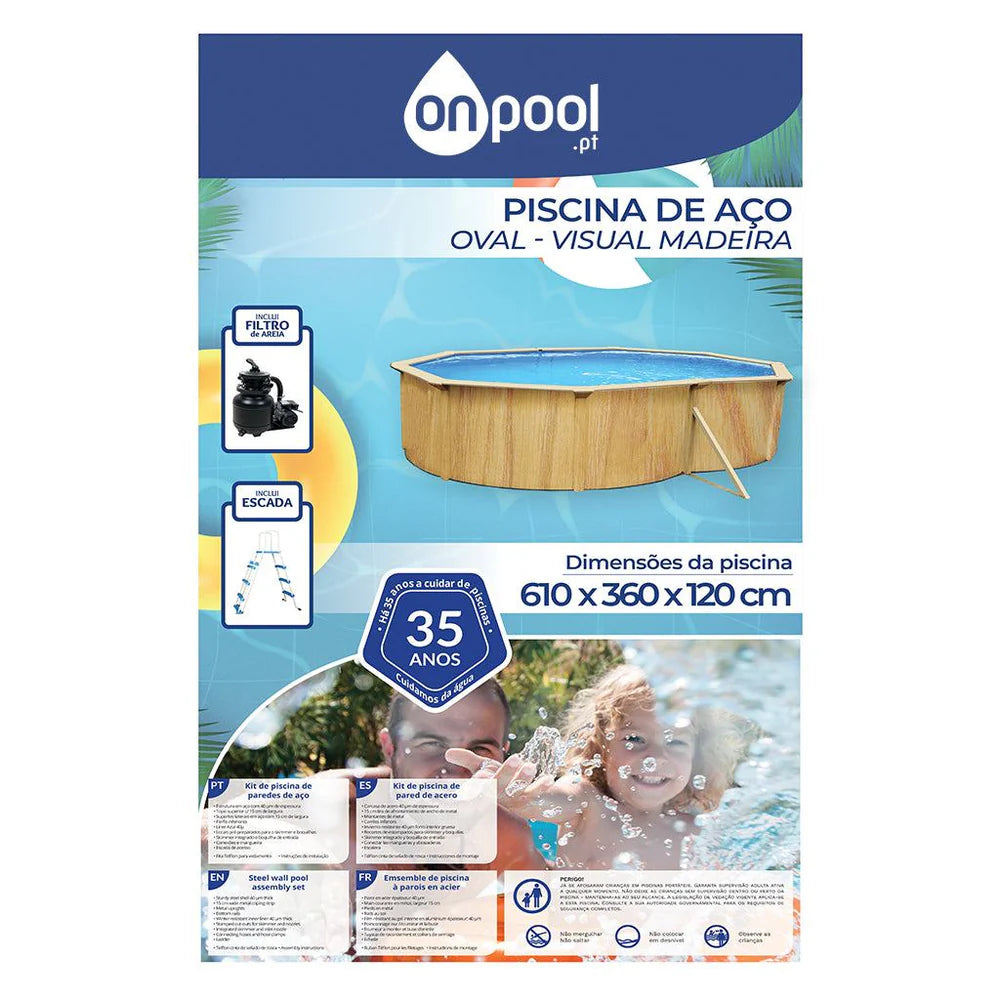 Piscina de aço oval visual madeira 7,30 x 3,60 x 1,20 m